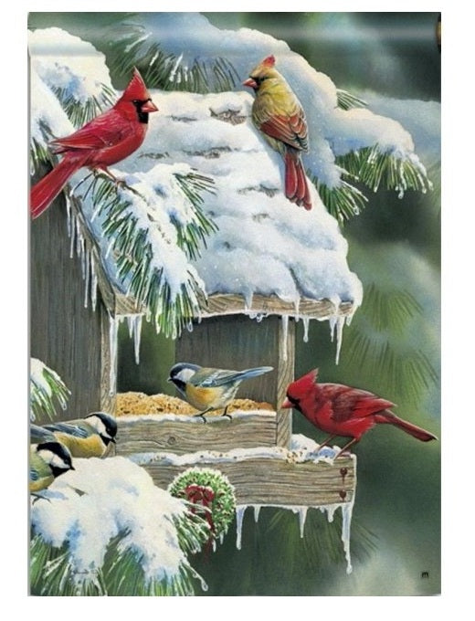 Bird Feeder Winter Garden Flag 2 Sided Cardinal