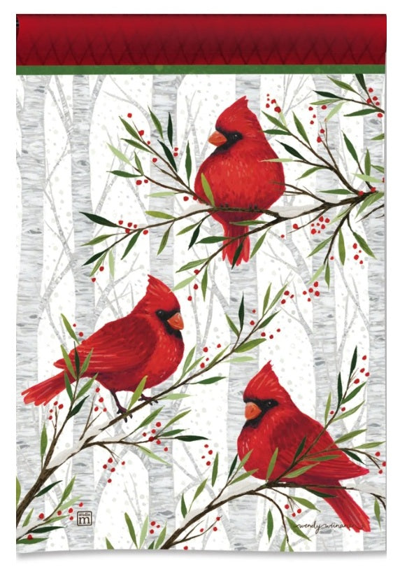 Cardinals In Birch Garden Flag 2 Sided Winter heartlandflags