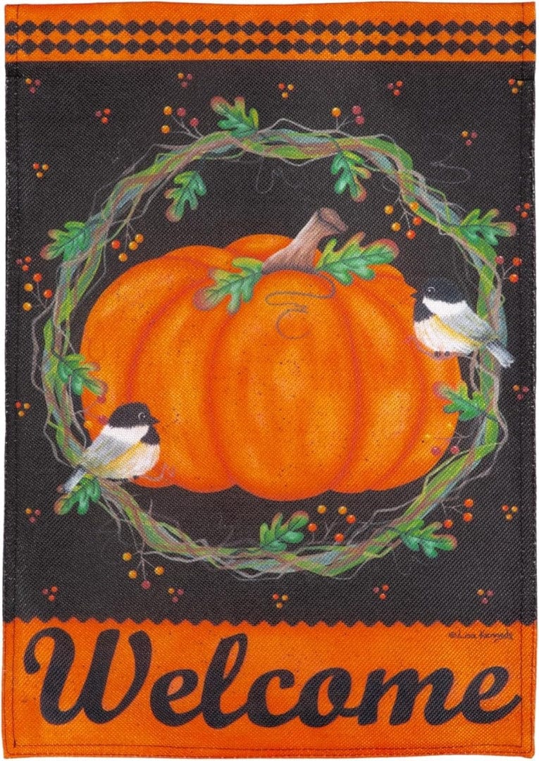 Chickadee and Pumpkin Fall Garden Flag 2 Sided heartlandflags