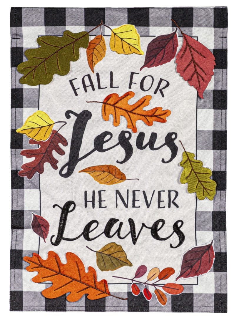 Fall for Jesus Garden Flag 2 Sided He Never Leaves heartlandflags