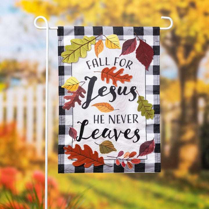 Fall for Jesus Garden Flag 2 Sided He Never Leaves heartlandflags