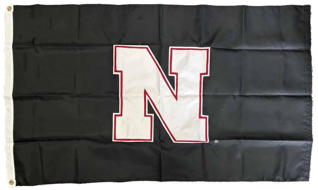 Nebraska Huskers Flag 3x5 Applique 2 Sided White N on Black heartlandflags