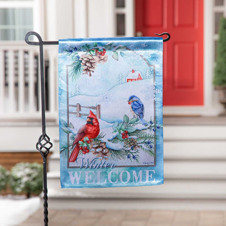 Snow Country Birds Winter Garden Flag 2 Sided Lustre heartlandflags