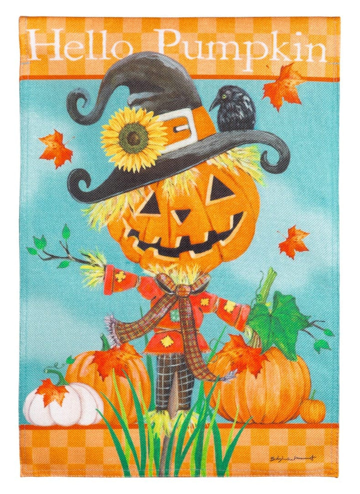 Hello Pumpkin Scarecrow Fall Garden Flag 2 Sided heartlandflags