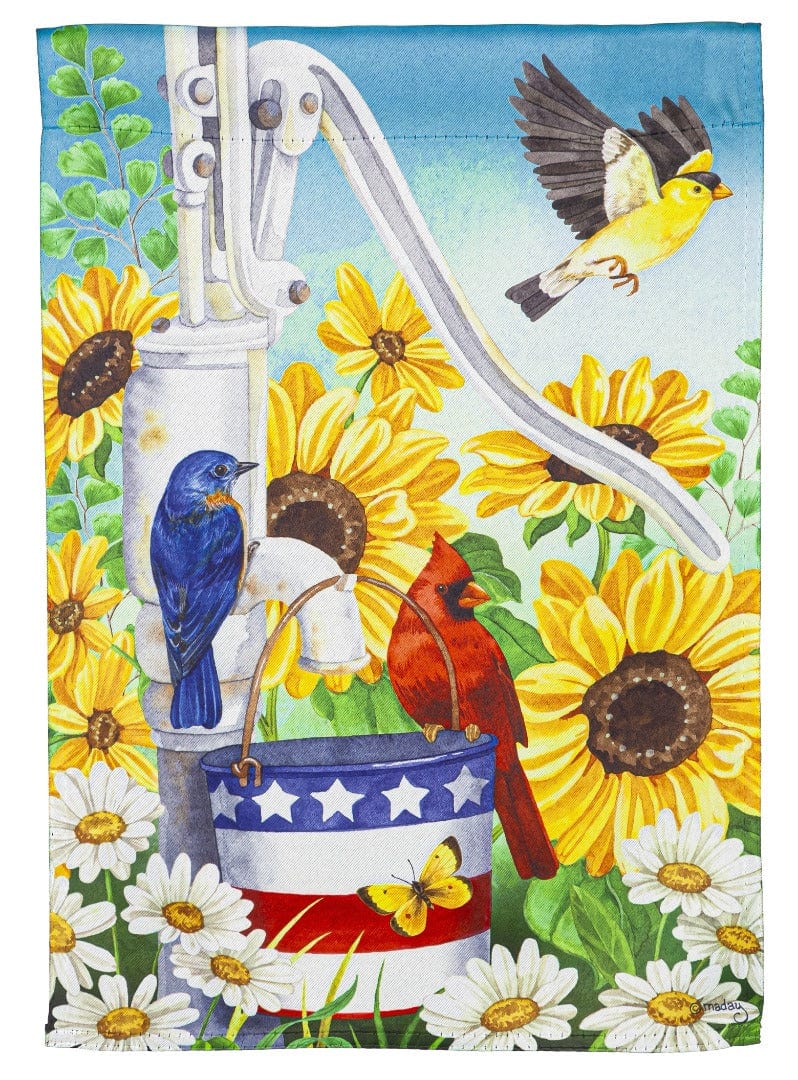 Patriotic Pump Garden Flag 2 Sided Birds Sunflowers heartlandflags