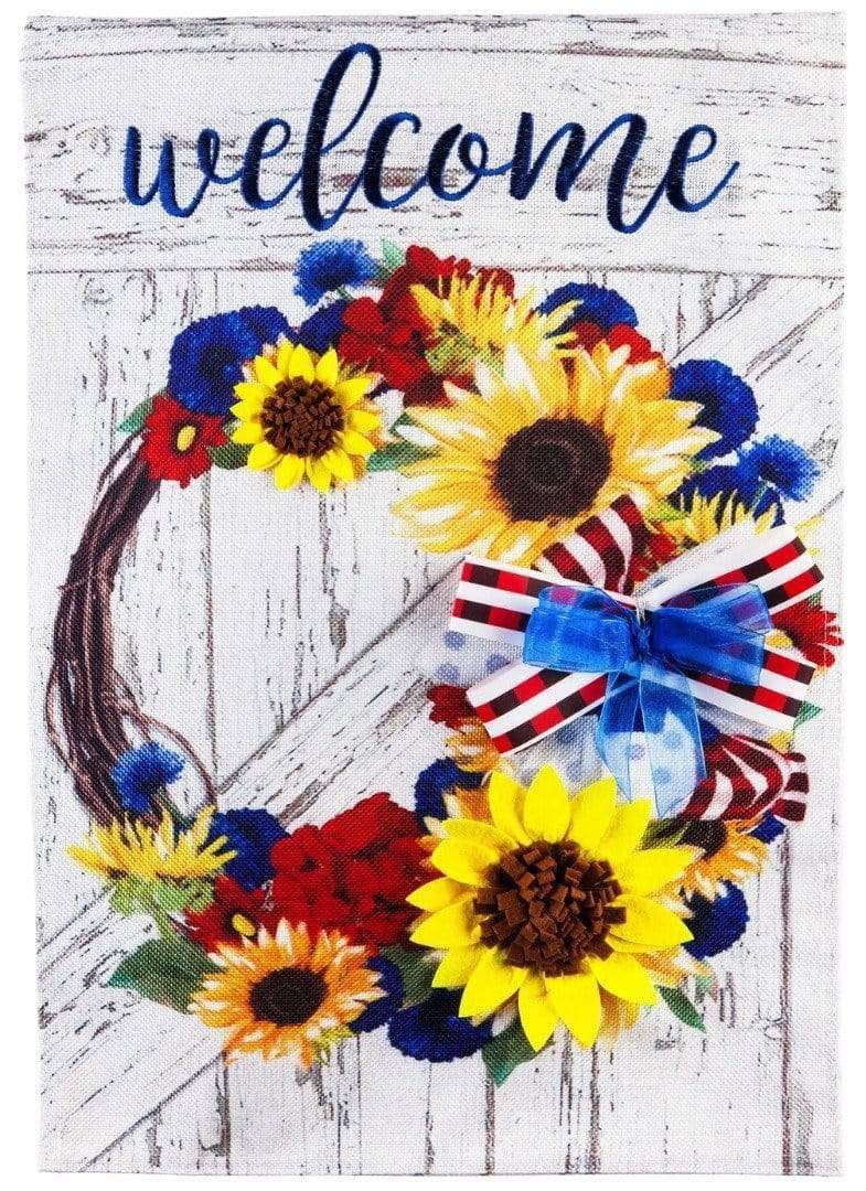 Americana Floral Wreath Garden Flag 2 Sided Burlap heartlandflags