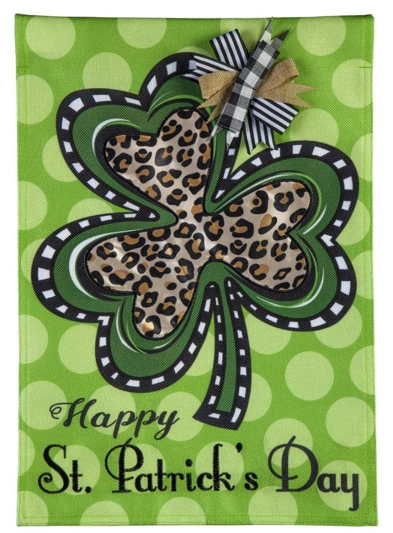 Animal Print Shamrock St Patricks Day Garden Flag 2 Sided Burlap heartlandflags