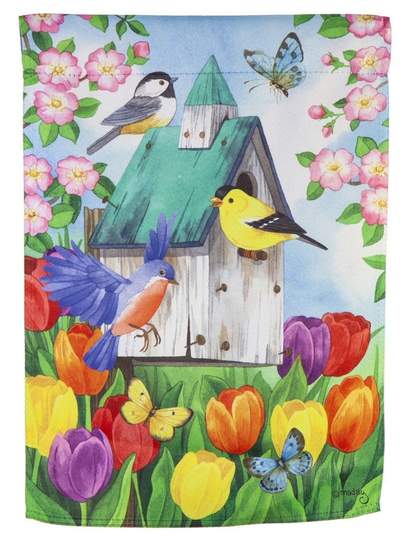 Birdhouse Blooms Garden Flag 2 Sided Tulips heartlandflags