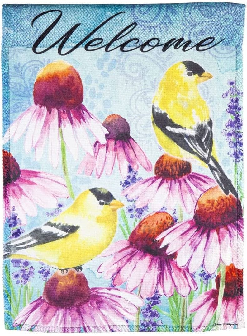 Bright Cone Flowers and Finches Garden Flag 2 Sided Welcome heartlandflags