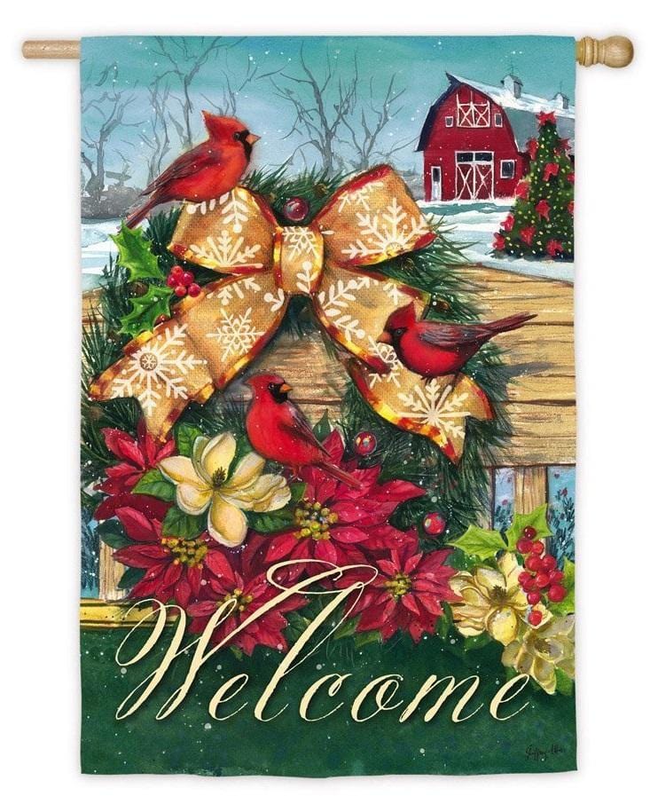 Cardinals Wreath Fence Christmas Banner 2 Sided Flag heartlandflags