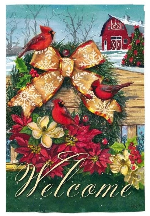 Cardinals Wreath On Fence 2 Sided Christmas Garden Flag heartlandflags