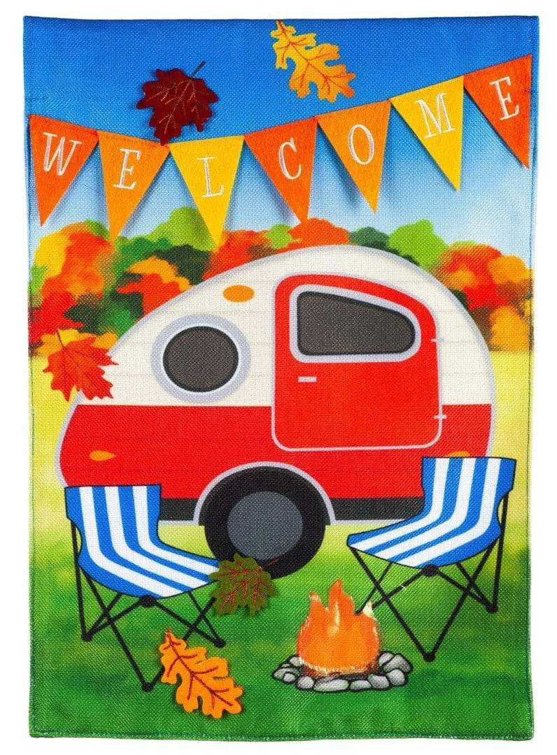 Fall Camper Garden Flag 2 Sided Burlap Welcome heartlandflags