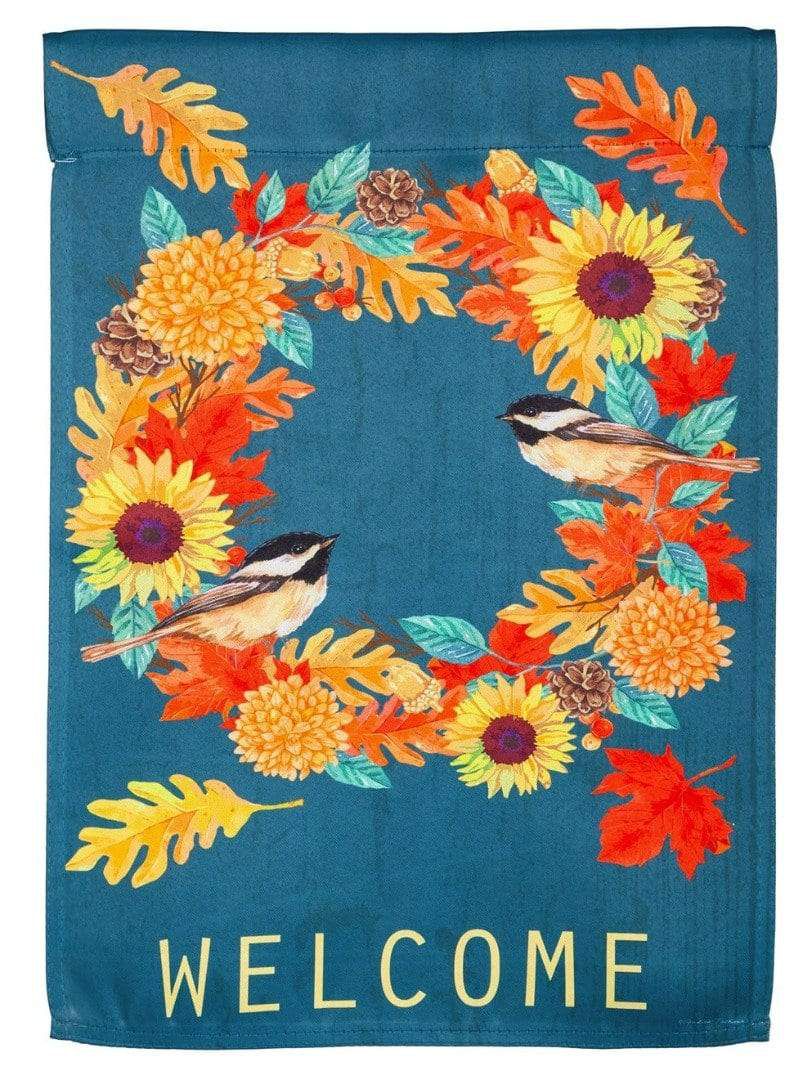 Fall Chickadee Wreath Garden Flag 2 Sided Autumn heartlandflags