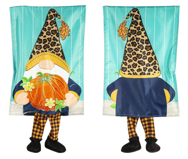 Fall Gnome With Pumpkin Kickin Garden Flag 2 Sided Applique heartlandflags