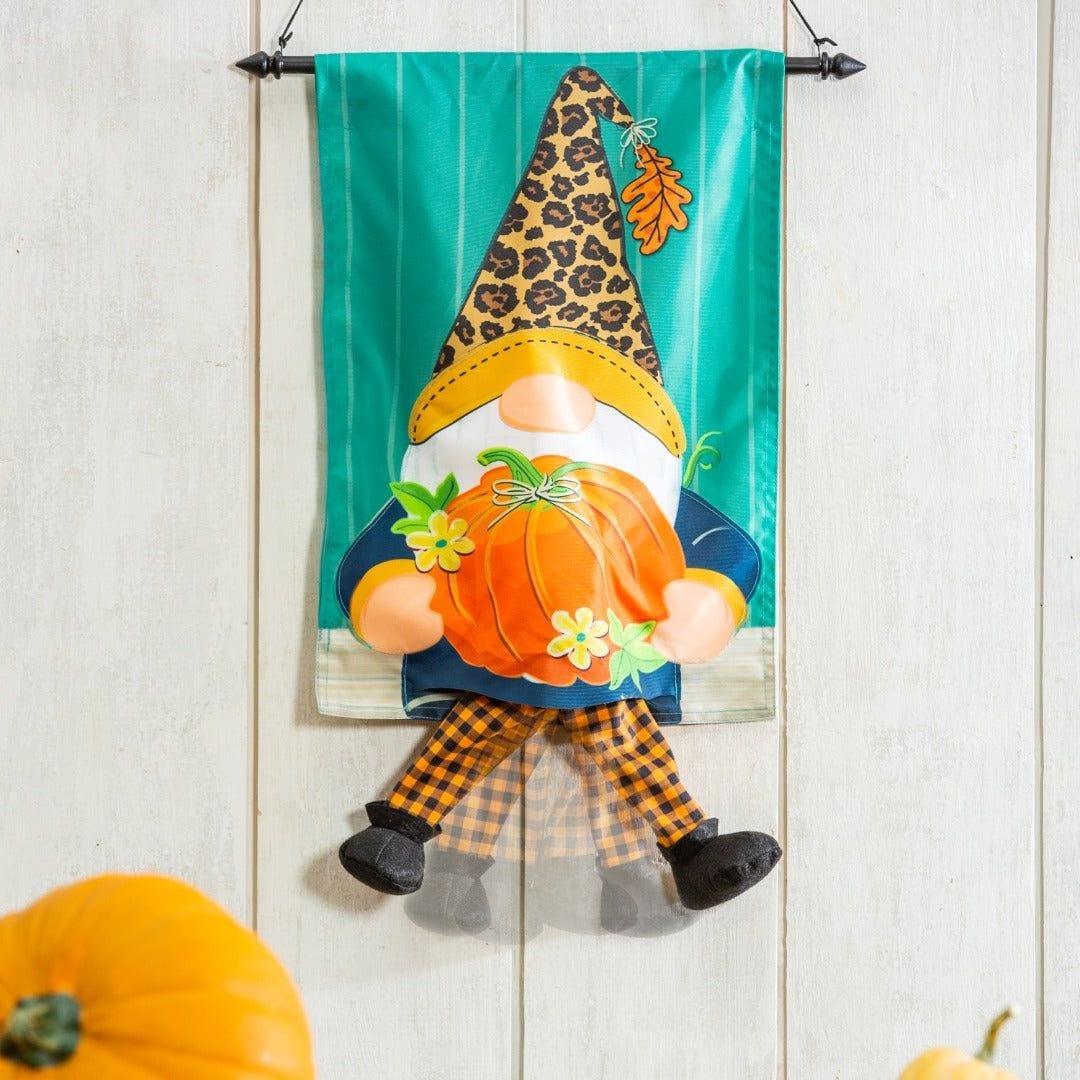 Fall Gnome With Pumpkin Kickin Garden Flag 2 Sided Applique heartlandflags