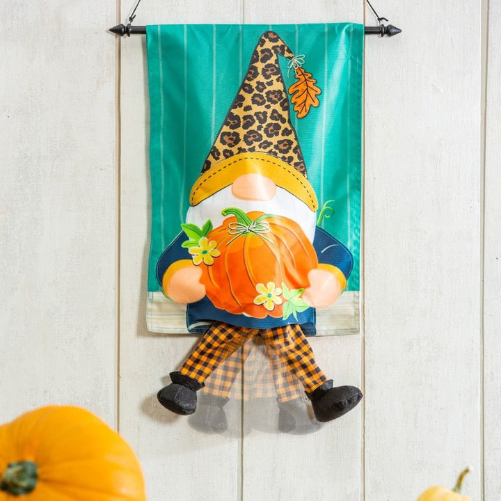 Fall Gnome With Pumpkin Kickin Garden Flag 2 Sided Applique heartlandflags