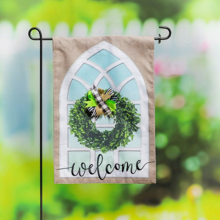 Farmhouse Window and Wreath Garden Flag 2 Sided Burlap Welcome heartlandflags