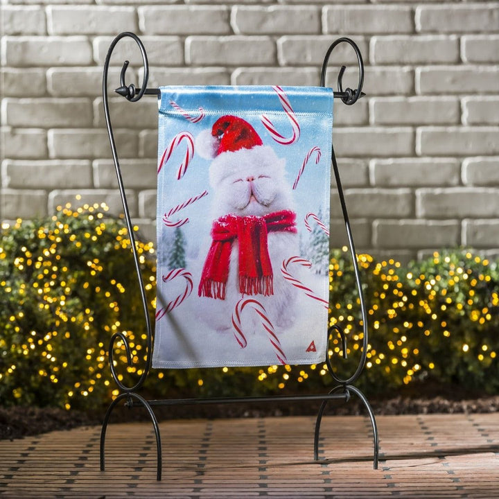 Fluffy Cat Snowman Christmas Garden Flag 2 Sided Lustre heartlandflags