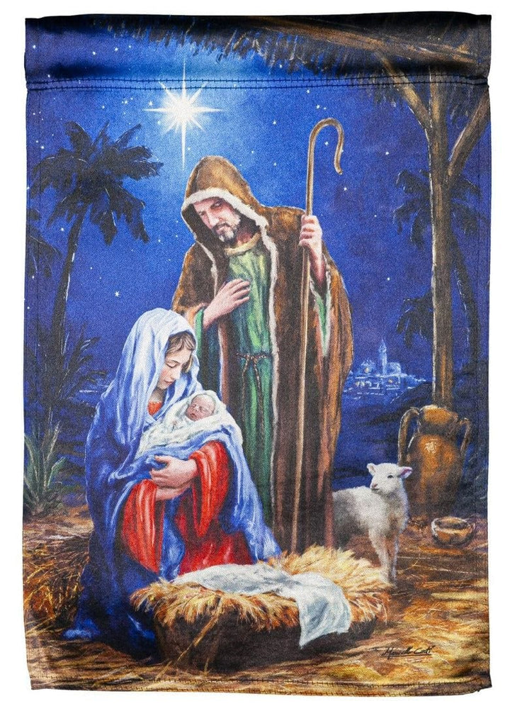 Holy Night Nativity Christmas Garden Flag 2 Sided Lustre heartlandflags