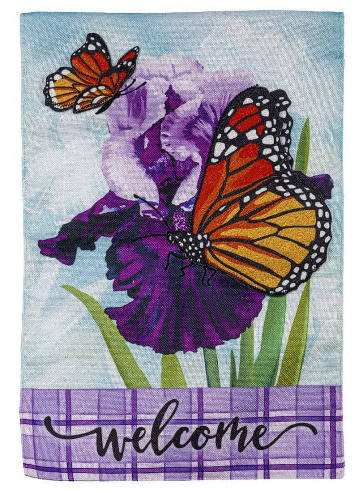 Iris Butterflies Garden Flag 2 Sided Burlap heartlandflags