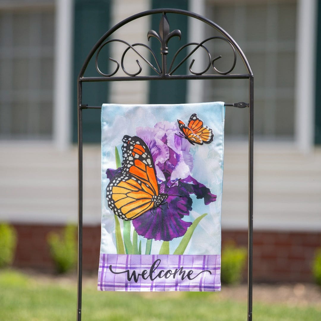 Iris Butterflies Garden Flag 2 Sided Burlap heartlandflags