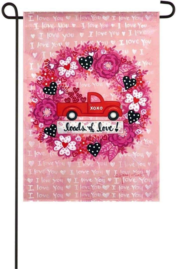 Loads of Love Truck Wreath Valentine Garden Flag 2 Sided heartlandflags