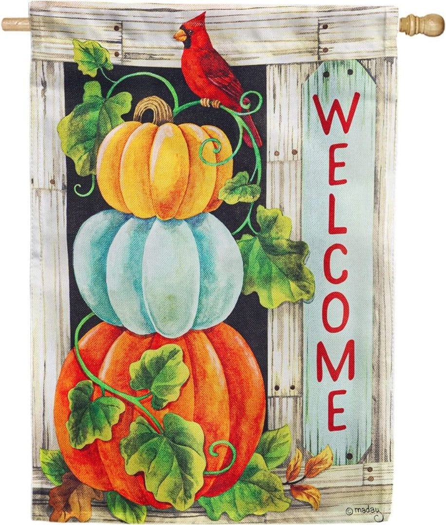 Pumpkin Stack Flag 2 Sided Textured Banner Welcome heartlandflags