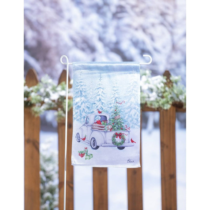 White Christmas Truck Garden Flag 2 Sided Lustre heartlandflags