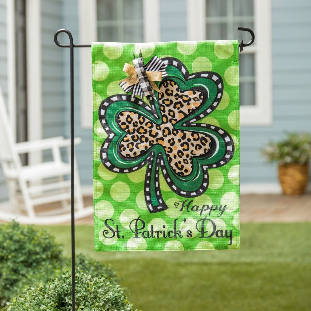 Animal Print Shamrock St Patricks Day Garden Flag 2 Sided Burlap heartlandflags