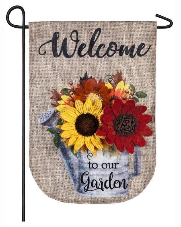 Autumn Galvanized Watering Can Garden Flag 2 Sided Burlap heartlandflags