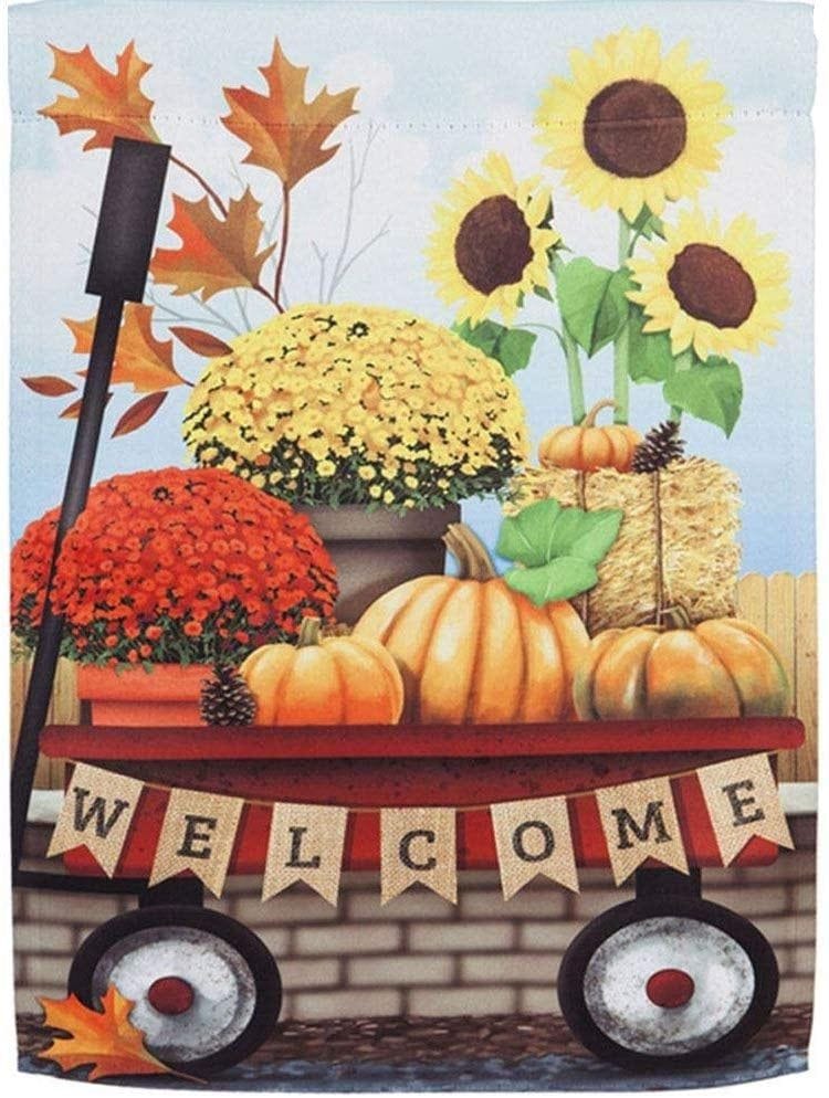 Autumn Red Wagon Garden Flag 2 Sided Welcome heartlandflags