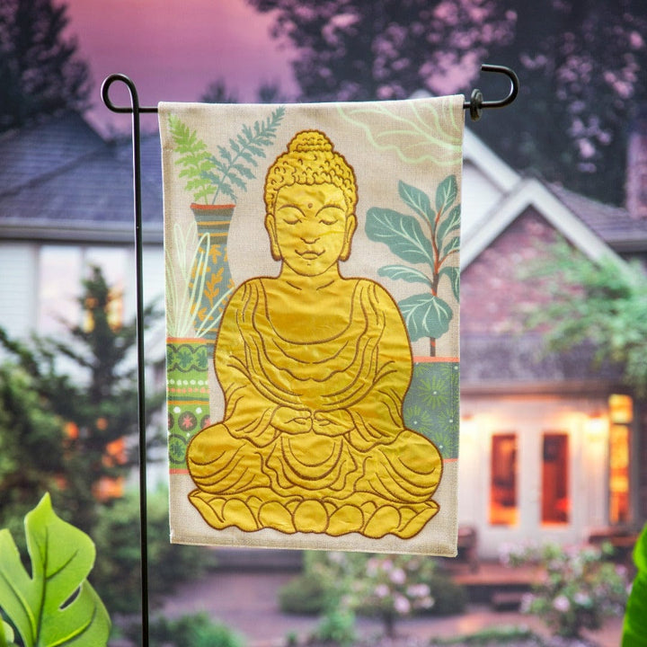 Buddha Garden Flag 2 Sided Burlap heartlandflags