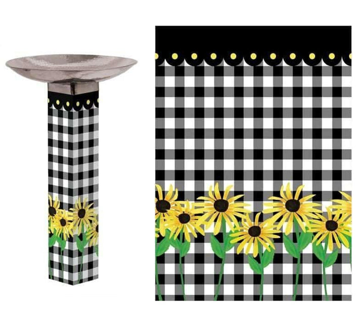 Checks and Yellow Daisies Bird Bath With Stainless Bowl heartlandflags