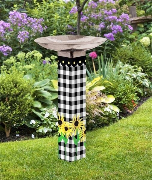 Checks and Yellow Daisies Bird Bath With Stainless Bowl heartlandflags