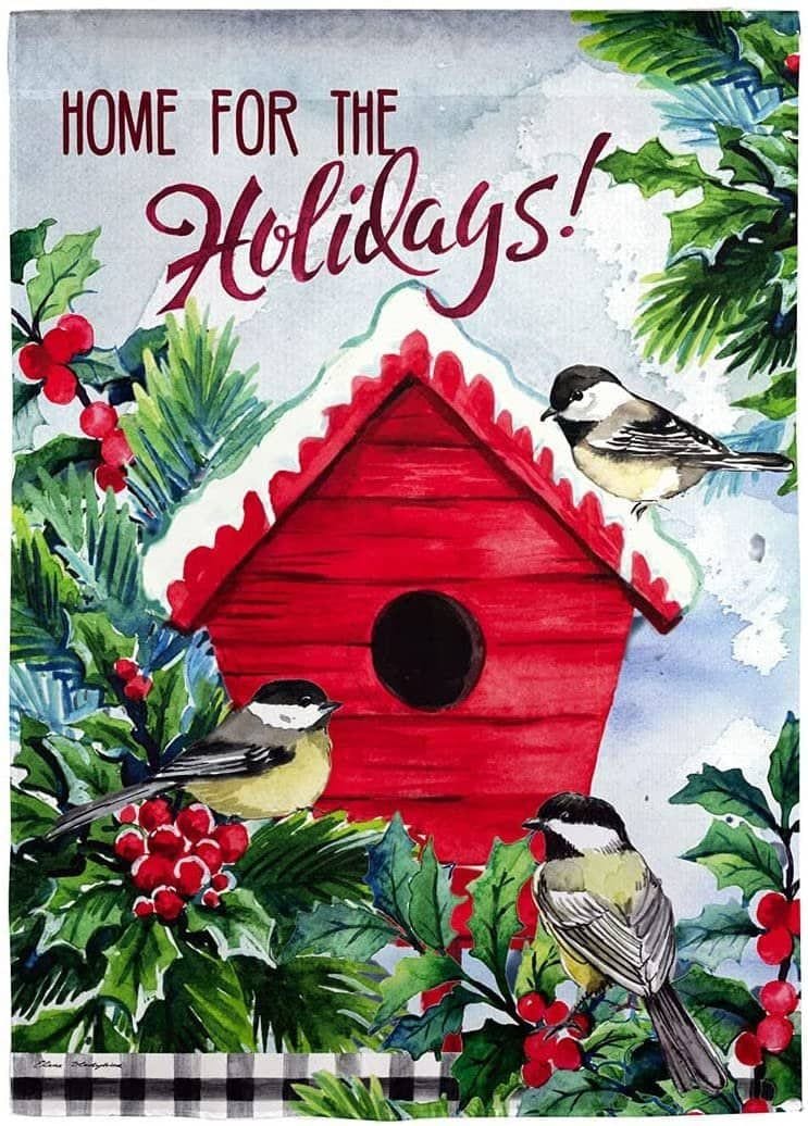 Christmas Chickadees Holiday Birdhouse Garden Flag 2 Sided Textured heartlandflags