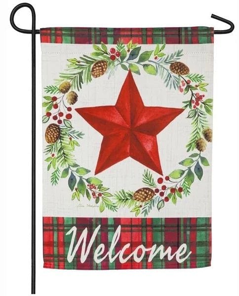 Christmas Greens Wreath Garden Flag 2 Sided Plaid Welcome heartlandflags