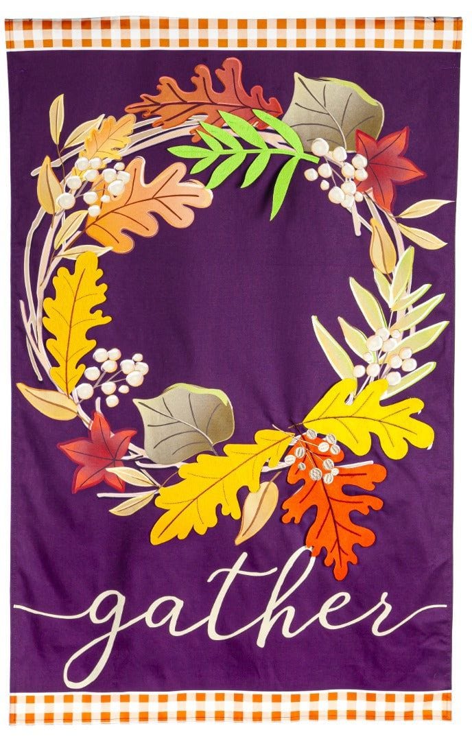 Gather Fall Leaves Wreath Flag 2 Sided House Banner heartlandflags