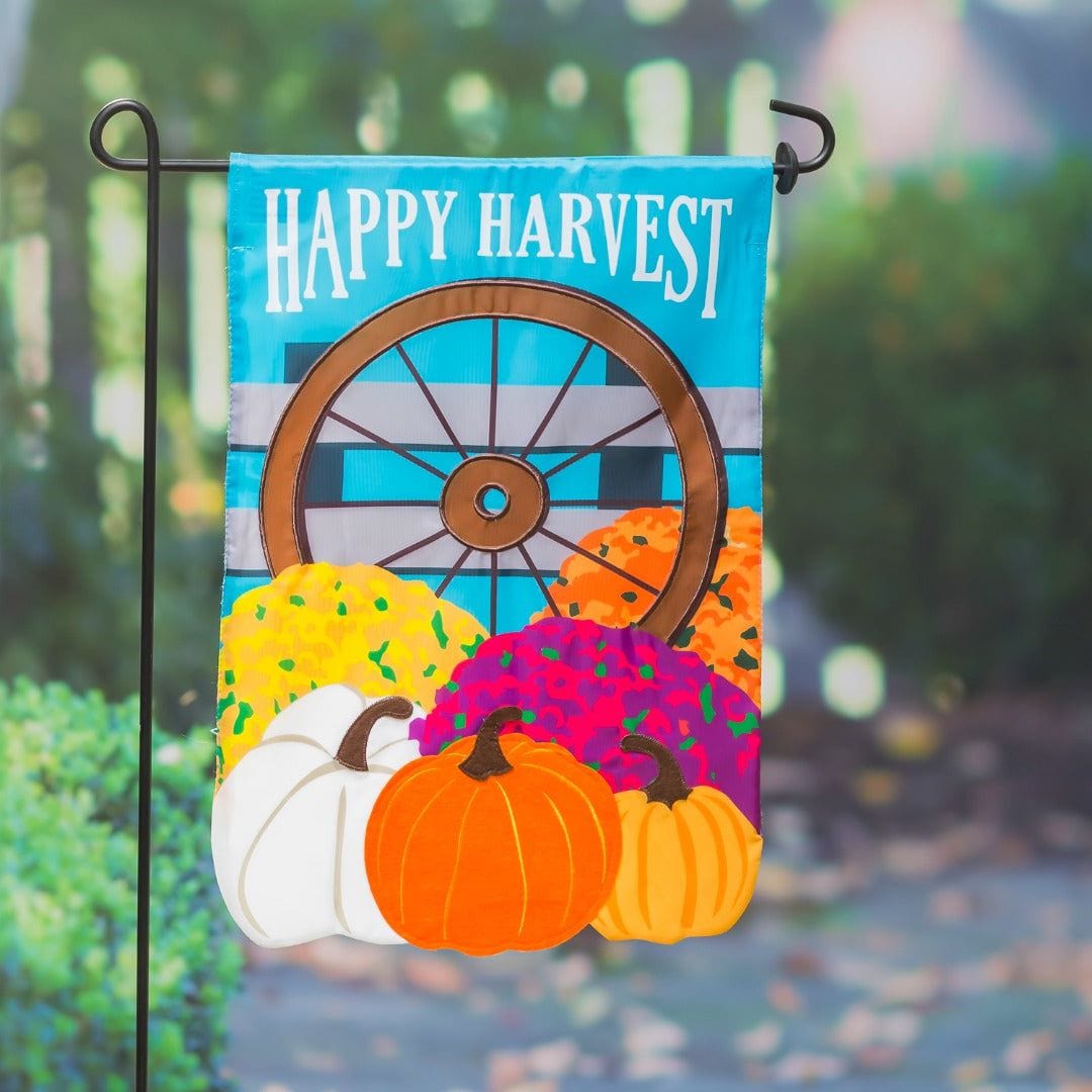 Happy Harvest Wagon Wheel Garden Flag 2 Sided Applique Pumpkins heartlandflags