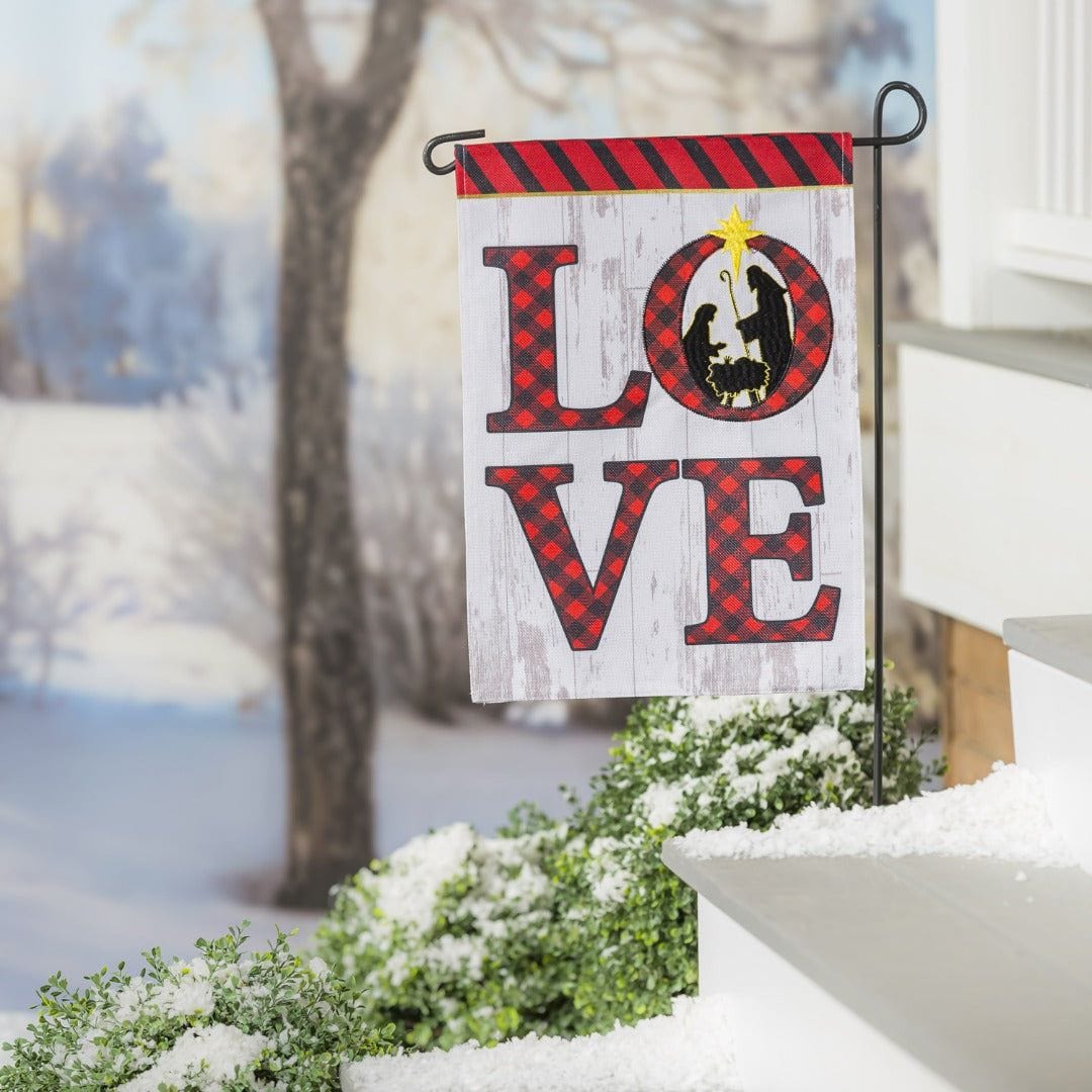 Nativity LOVE Christmas Garden Flag 2 Sided Burlap heartlandflags