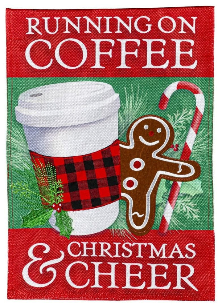 Running on Coffee And Cheer Christmas Garden Flag 2 Sided Burlap heartlandflags